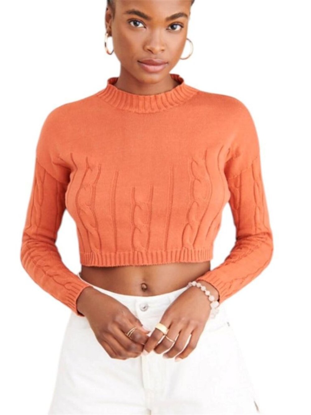Pastiche Brenda Crop 100% Cotton Orange Cable Knit Cropped Sweater‎ Size Medium